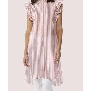 CATO Women’s Top Striped Sleeveless Tunic Button Up Cap Sleeve Ruffle Trim Large